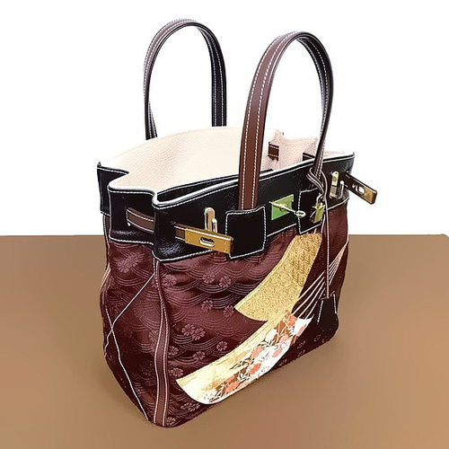 30サイズ#73◇着物帯と本革のリメイクバッグ◇remake.829 日本職