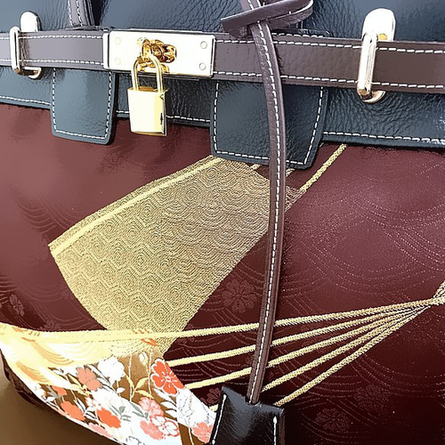丸帯×本革 着物リメイク トートバッグ ハンドメイド 手提げ 袋帯 アンティーク 30サイズ#73◇着物帯と本革のリメイクバッグ◇remake.829 日本職