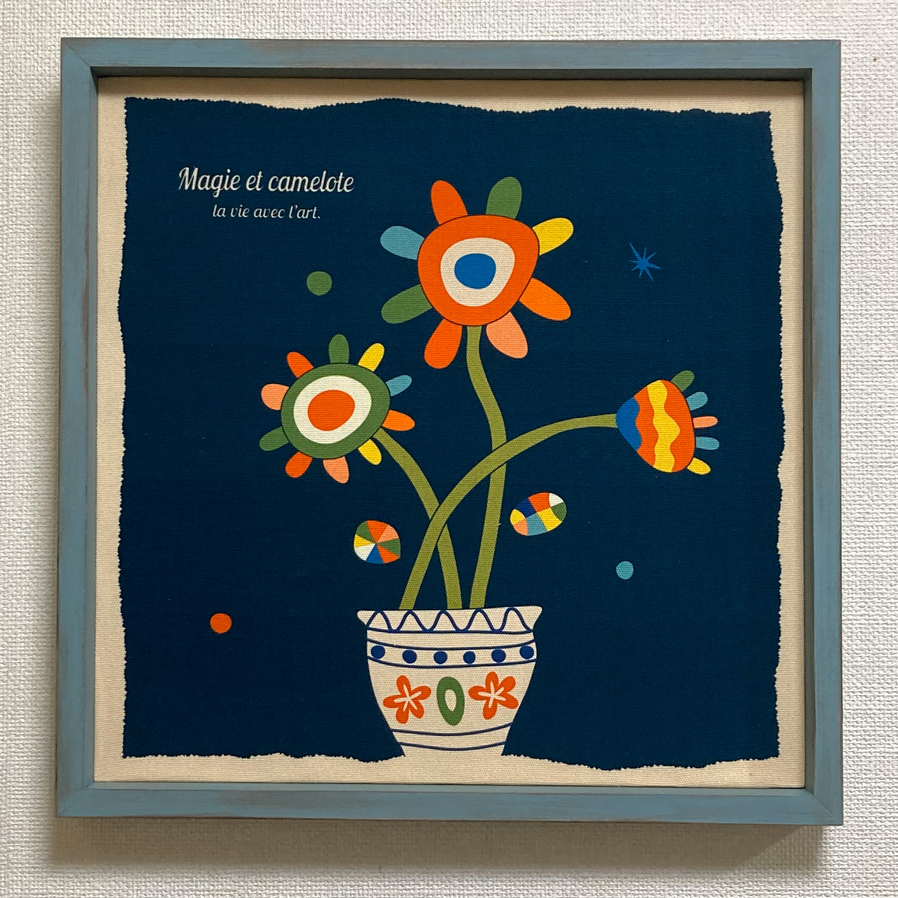 ファブリックパネル　レトロ・フラワー(NV) 40x40cm　ヴィンテージ加工ウッドフレーム付