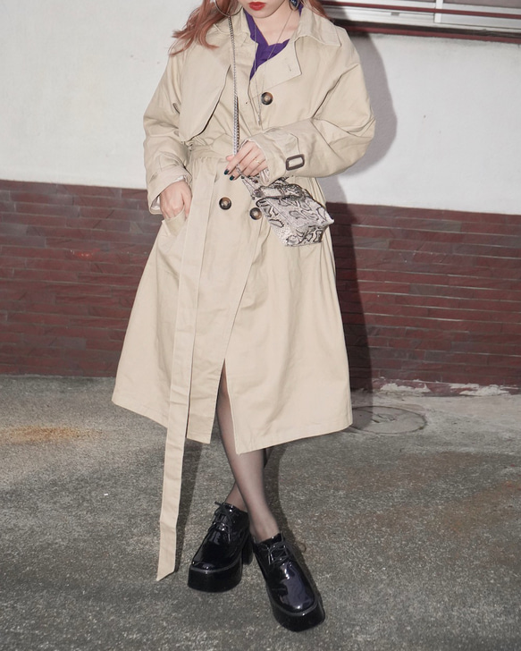 Belted Long Trench Coat (beige) コート ベージュ 薄茶 きれいめ 4枚目の画像