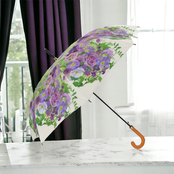 雨に濡れない大きめサイズ　シティーオート　薄紫のバラ２の雨傘　 1枚目の画像