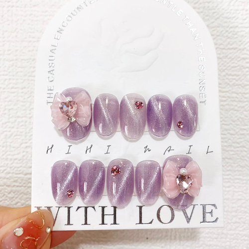 マグネットネイル 蝶結び ピンク 紫 ネイル ネイルチップ つけ爪 春 夏  