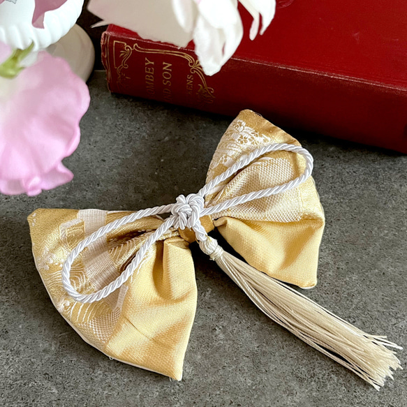 送料無料】京都 正絹 西陣織 金襴生地 絹シルク100％ 髪飾りリボン 袴