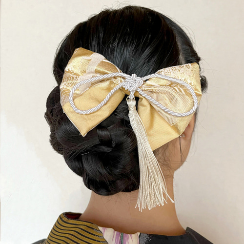 送料無料】京都 正絹 西陣織 金襴生地 絹シルク100％ 髪飾りリボン 袴