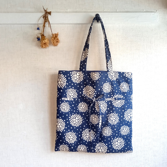 ローズ刺繍トートバッグショルダーsax ブルー