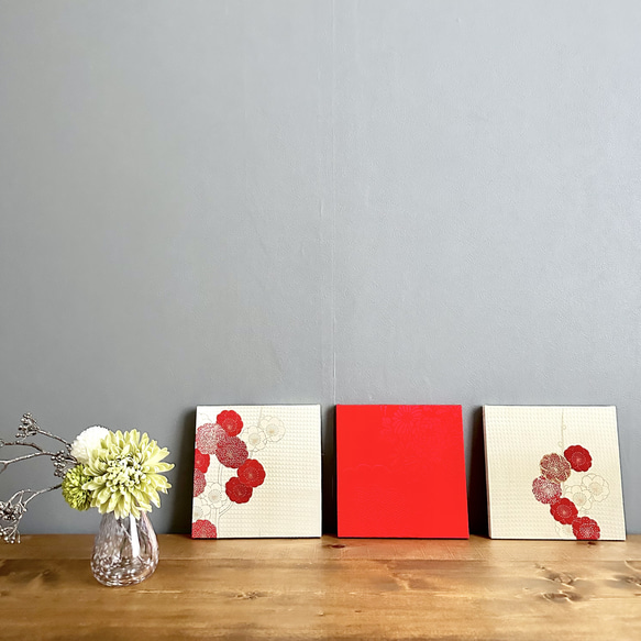 着物のファブリックパネル　輝く紅白の梅（3枚セット）　着物リメイク　インテリア　古民家　ひなまつり　壁飾り　ギフト　日本 12枚目の画像