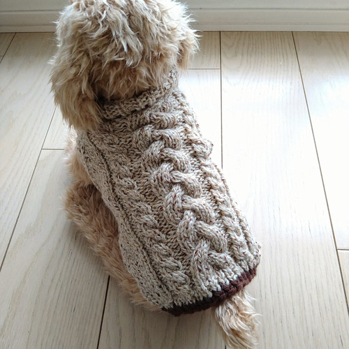 犬服 ハンドメイド セーター 手編み ベージュ＆ブラウン ツイード 模様