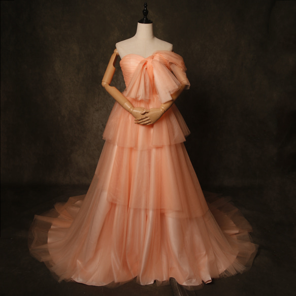 送料無料！ウェディングドレス ベアトップ チュールスカート オレンジ  