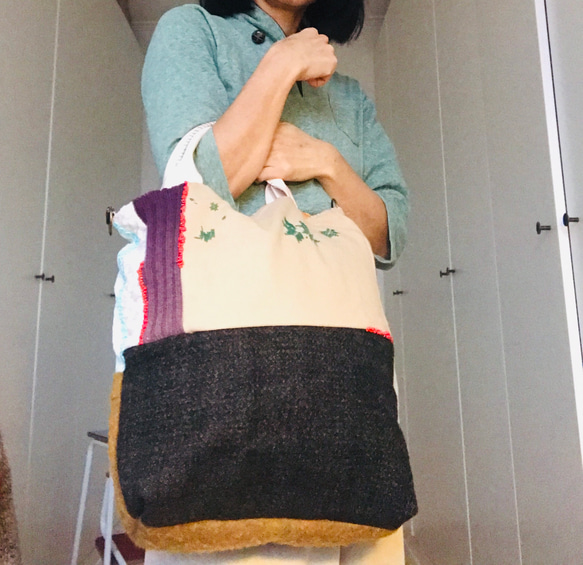 Bag   手縫いのバッグ　  一点もの　布製　スローファッション　ハンドメイド　1943 6枚目の画像