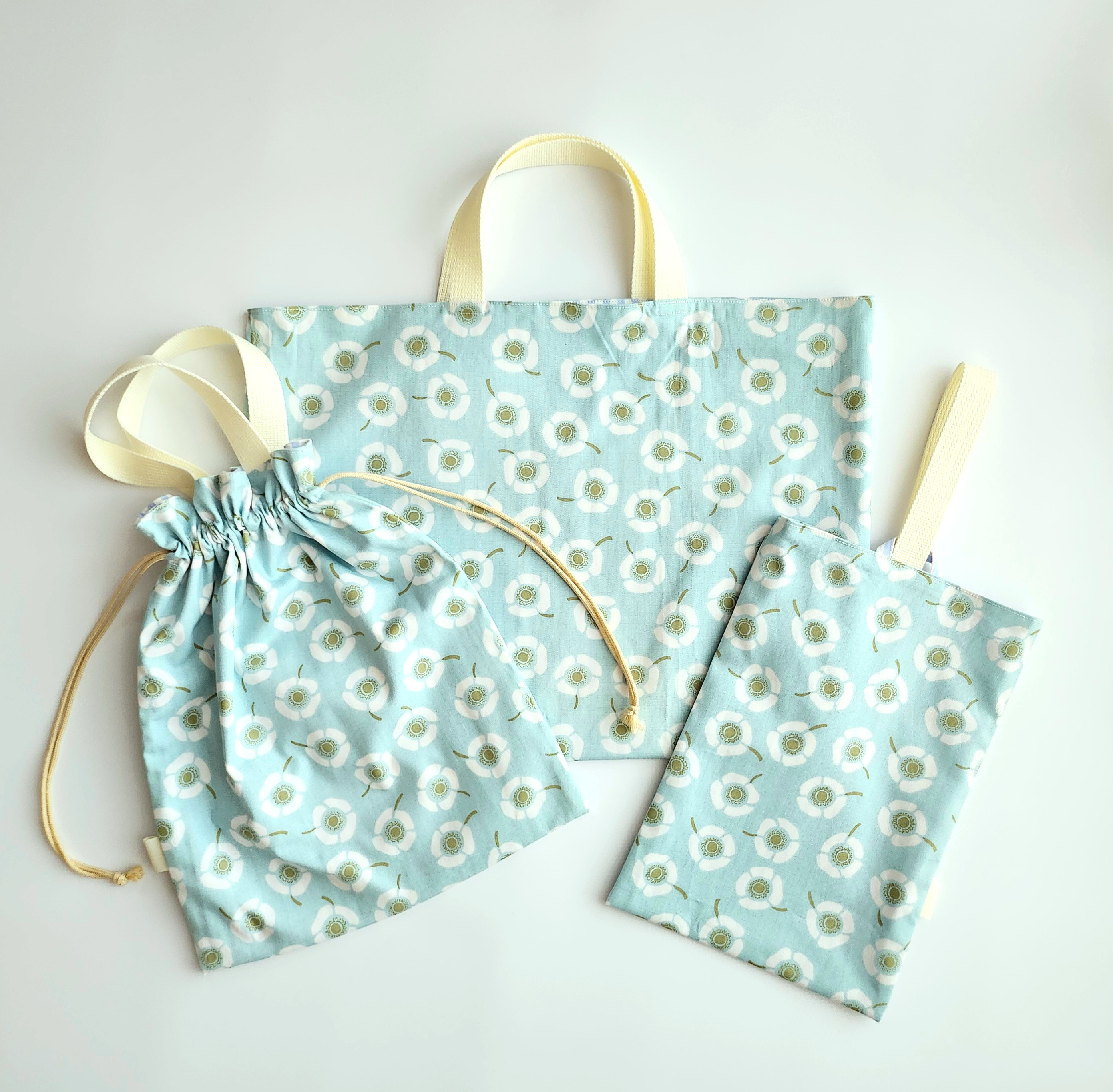 くすみミントアネモネのレッスンバッグ・上履き入れ・お着替え袋３点セット│通園通学　入園入学2026