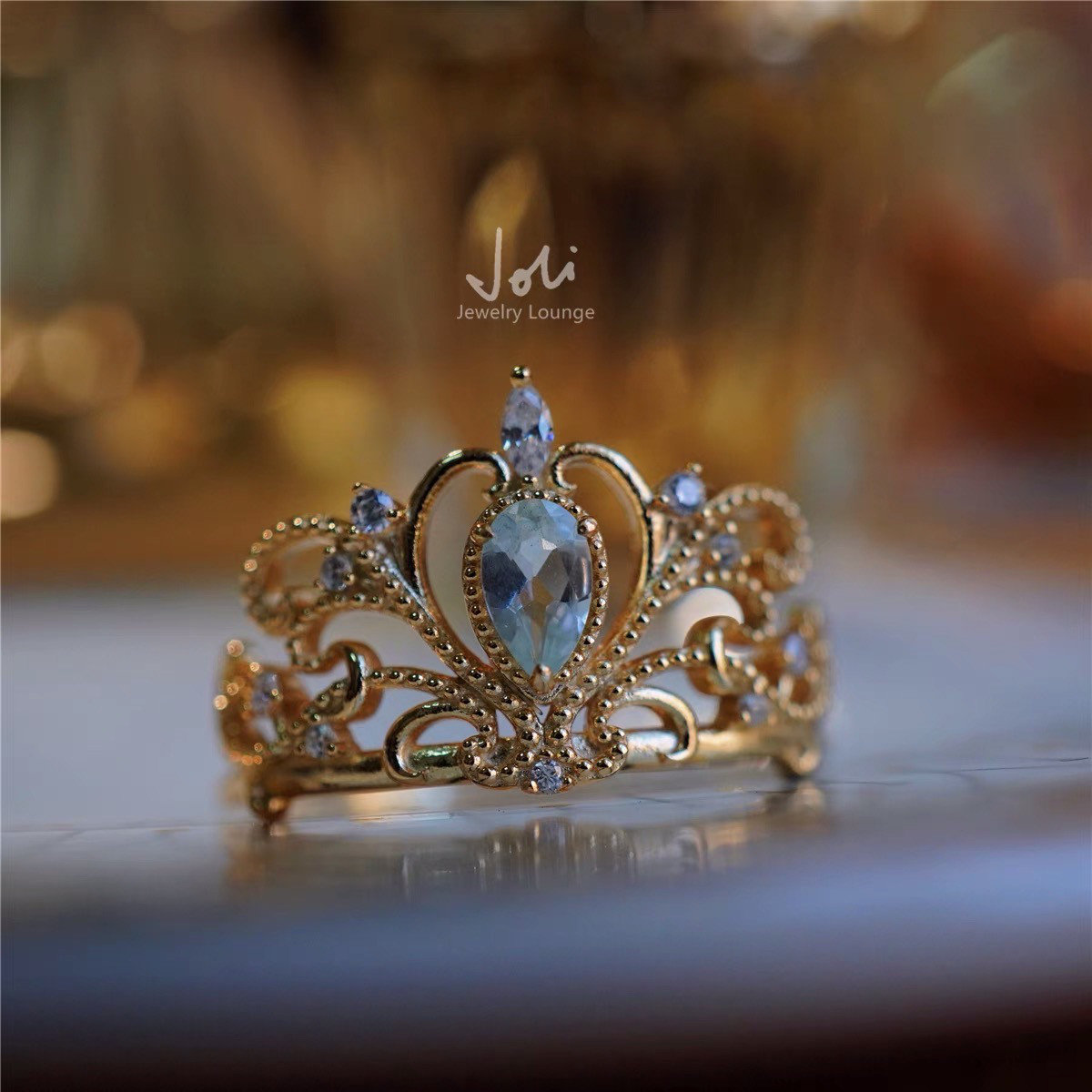 クラウン 天然アクアマリン キラキラ ゴージャス シルバー925 レトロ ゴールド ナチュラル リング 指輪 ミル打ち