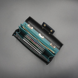 飛び出す絵本のような長財布（イタリアンレザー　黒とターコイズブルー）No.008 3枚目の画像