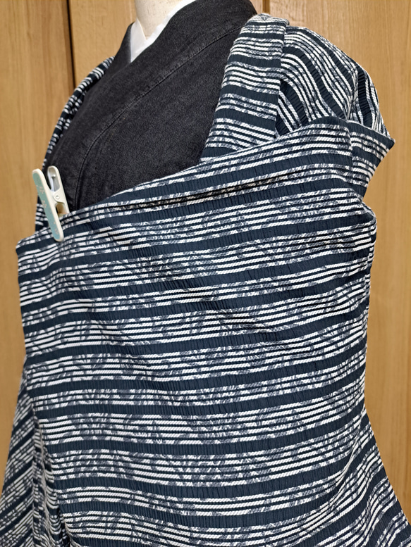 洗える羽織#ジャガード織り#濃紺✕白#草花模様#日本製生地#長羽織#一点もの 2枚目の画像