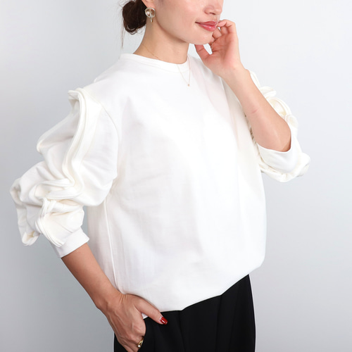 カジュアルでも綺麗めスウェット セットアップ フリル袖長袖トップス