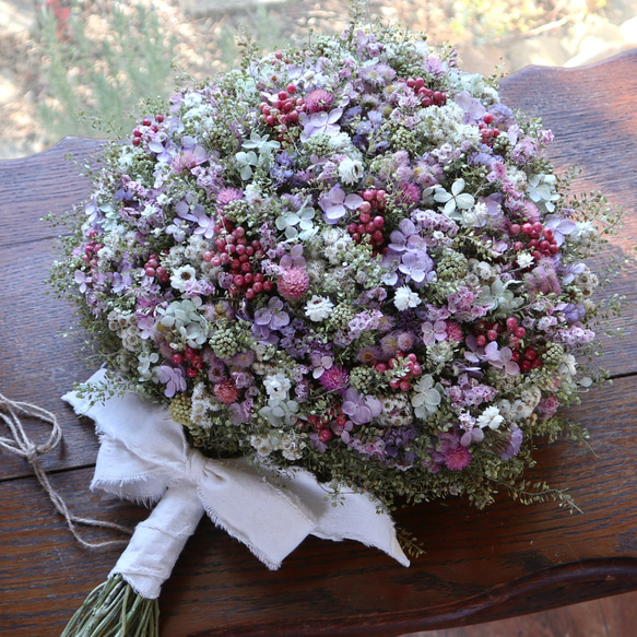 45cm) マメグンバイナズナとピンクの小花のお花畑スワッグ/ドライ