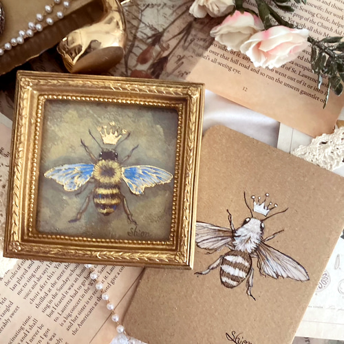 ミツバチの小さな絵 -女王蜂①- /原画 アンティーク インテリアアート