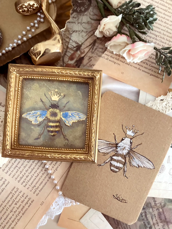 ミツバチの小さな絵 -女王蜂①-　/原画　アンティーク　インテリアアート　標本　ハチ 3枚目の画像