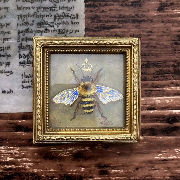 ミツバチの小さな絵 -女王蜂②-　/原画　アンティーク　インテリアアート　標本　ハチ 4枚目の画像