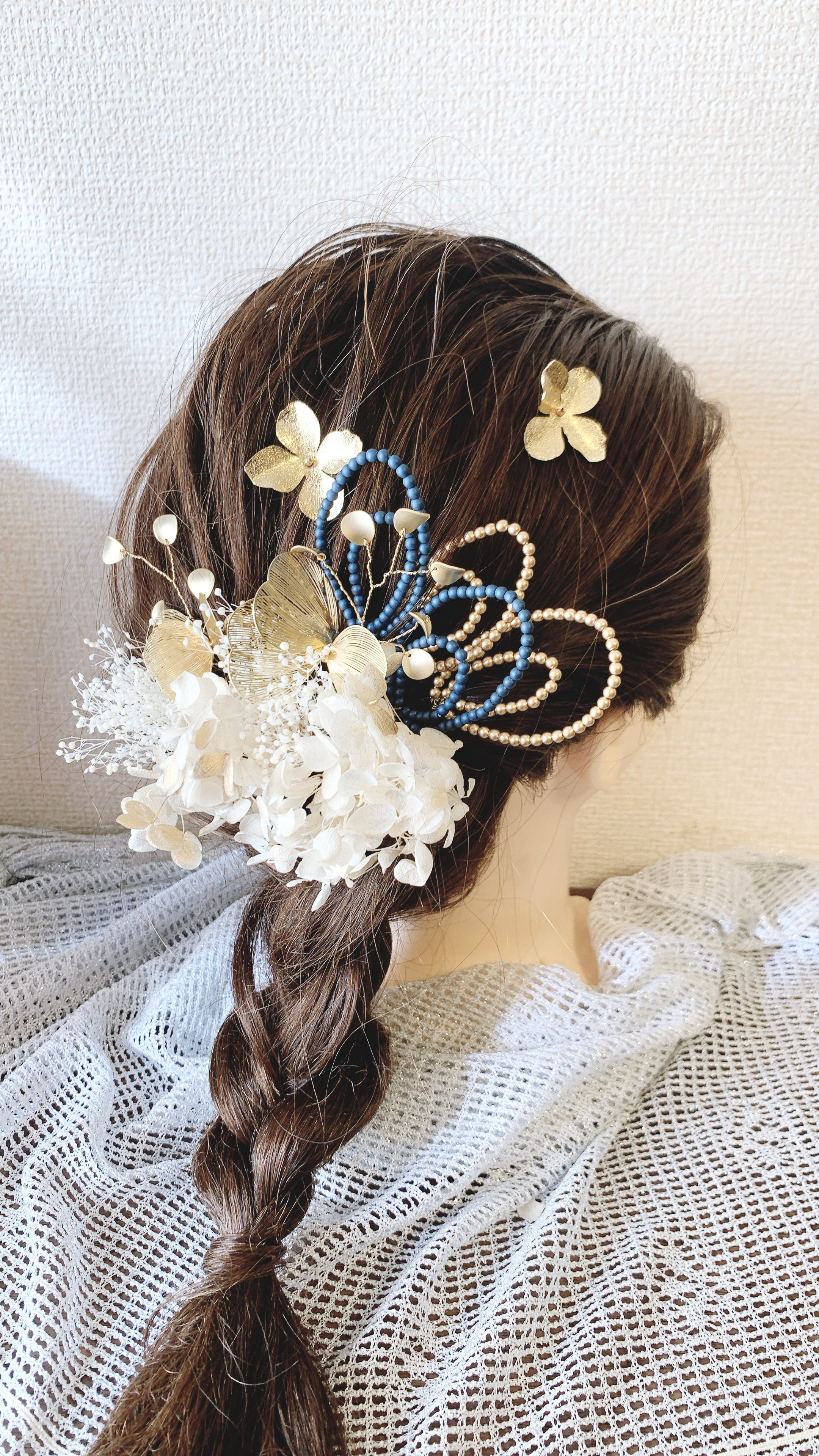 ゴールドフラワーピン　パールピン　水引き風　ワイヤー　ドライフラワー　ユーピン　成人式　振袖　ウェディング　　髪飾り