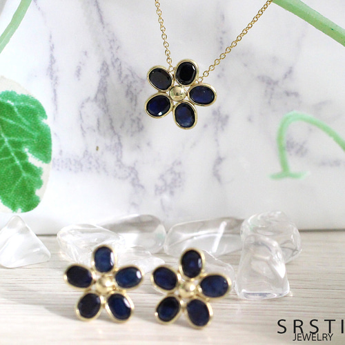 □OrderMade□ インディゴブルーサファイアK18/K14フラワー ネックレス