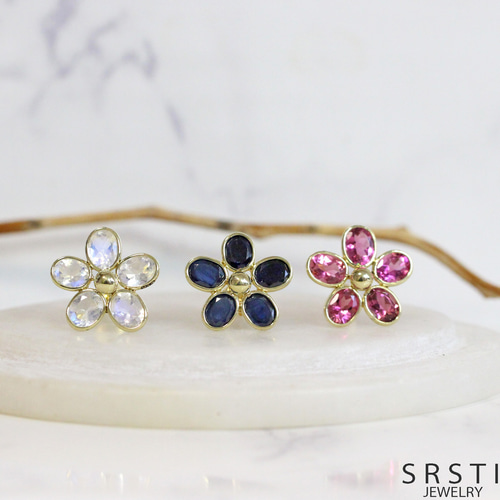 □OrderMade□ ピンクトルマリンK18/K14フラワーイヤリング ピアス 