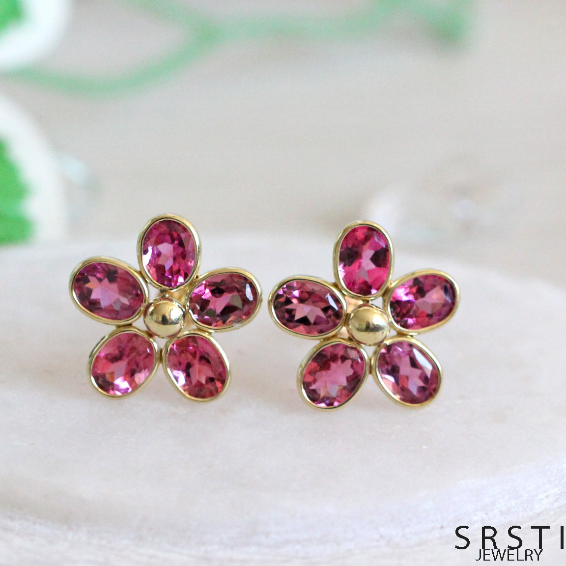 ■OrderMade■ ピンクトルマリンK18/K14フラワーイヤリング