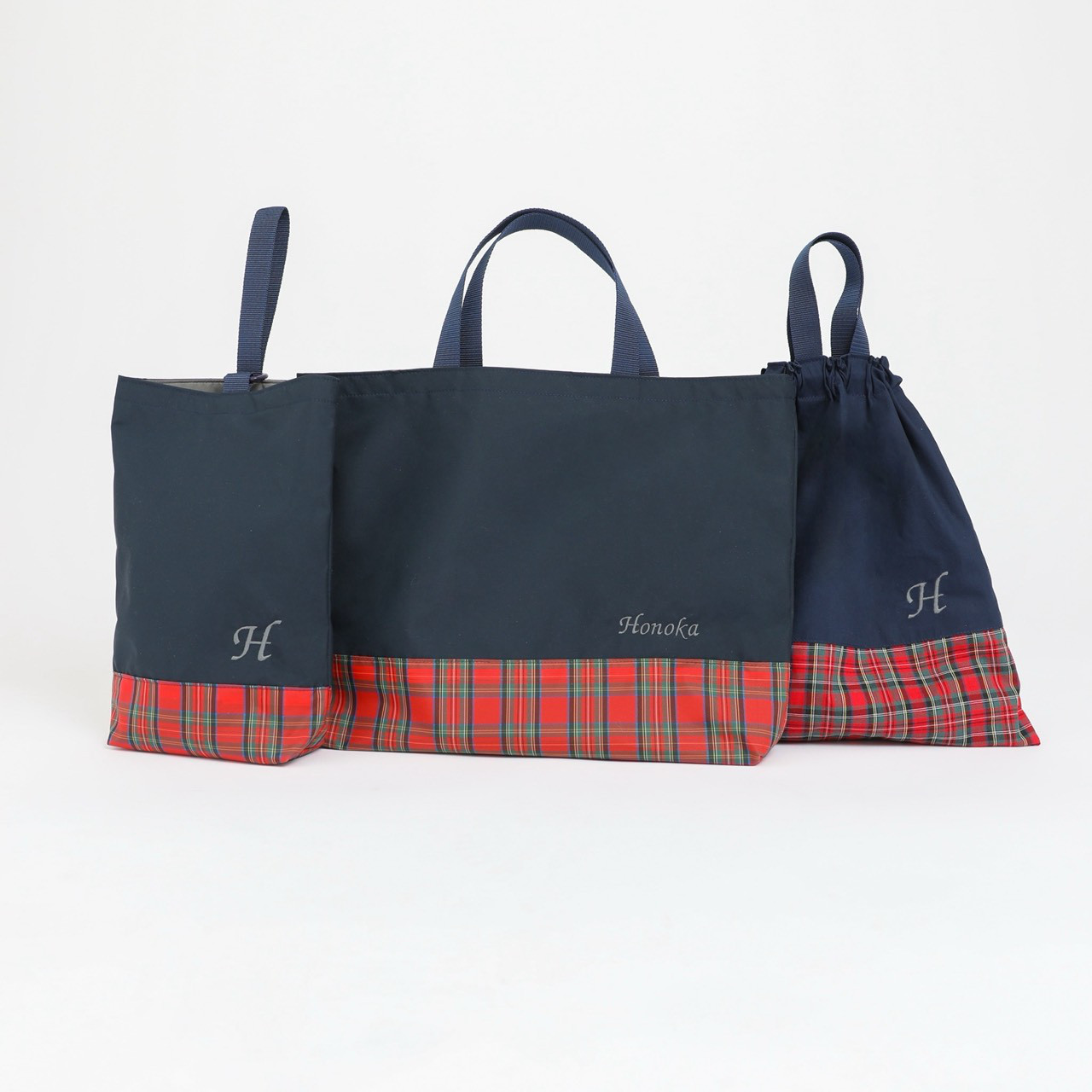 [両面撥水加工]名入れ刺繍　上品タータン3点入園入学セット