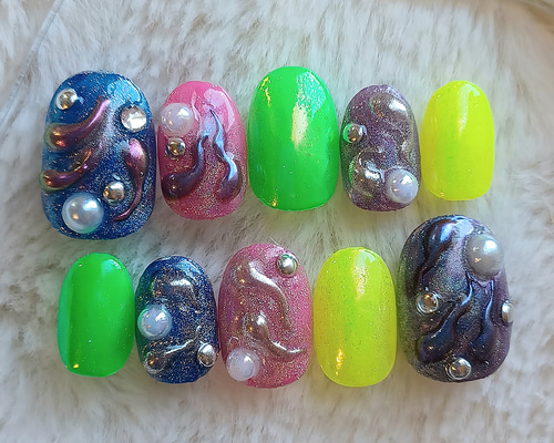 サイズオーダー】 深海の神秘 個性派 ネイルチップ 現品 蒸し暑い No.127
