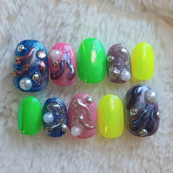 即日発送/ ネオン×宇宙 派手 個性派 ネイルチップ 現品 No.129 ネイル  