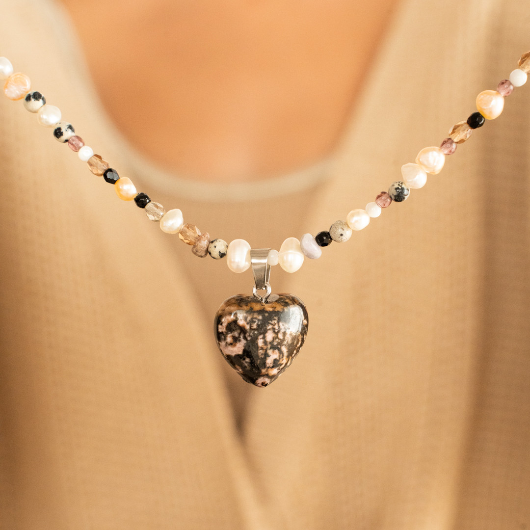 天然石/淡水パール・ハートチャームネックレスBLACKPINK