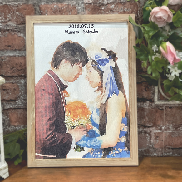 ＼結婚式の思い出にぴったり／ ふんわり水彩風のウェディング似顔絵【フレーム付き】 水彩似顔絵ウェルカムボード【A4サイズ・水彩画・フレーム付き