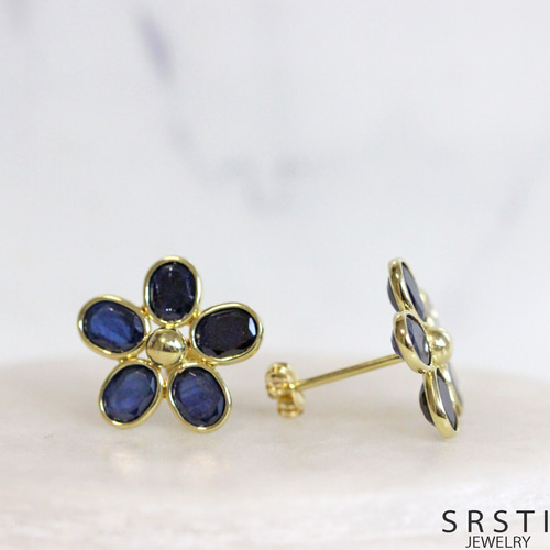 ☆現品限り即納☆インディゴブルー サファイア K18 フラワーイヤリング