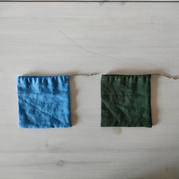 巾着袋15×14　一枚仕立て巾着袋*リネン　青＆緑　入園入学準備 7枚目の画像