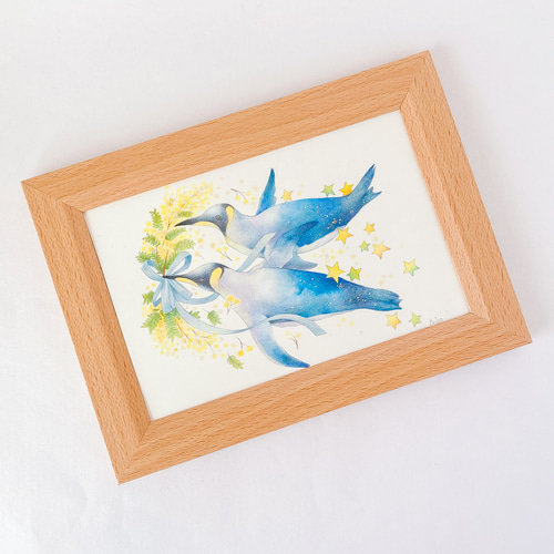 原画 ペンギンと春色ミモザ /アクリル絵の具、色鉛筆画 一点物