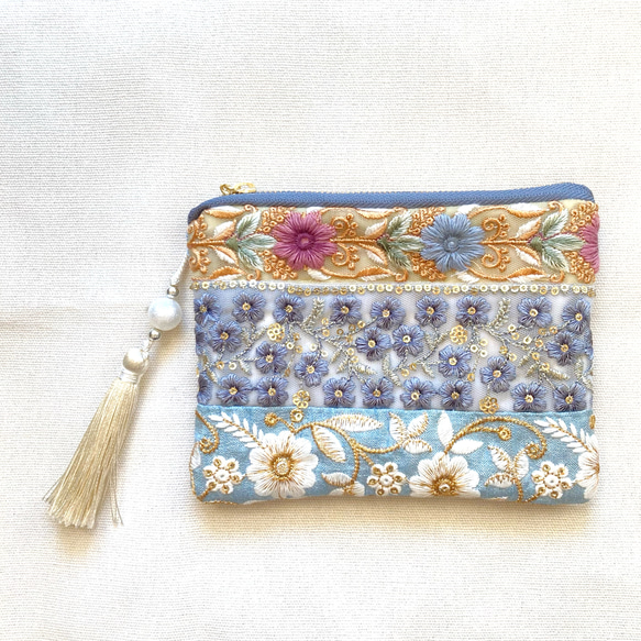 16cm】インド刺繍リボン ファスナーポーチ 華やか両面刺繍 メイク 