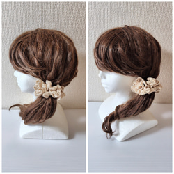 【最後の1つ】クリームベージュ・光沢のあるレース糸で編んだレースのような可憐なフリルが可愛いシュシュ 3枚目の画像