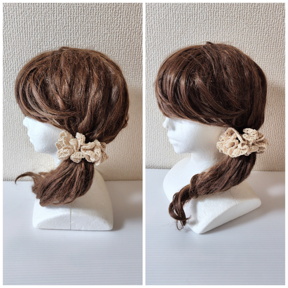 【最後の1つ】クリームベージュ・光沢のあるレース糸で編んだレースのような可憐なフリルが可愛いシュシュ 3枚目の画像