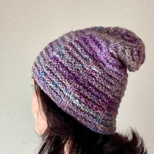 シルクリボンシルク手作りニット帽ビーニーベレー帽パープル