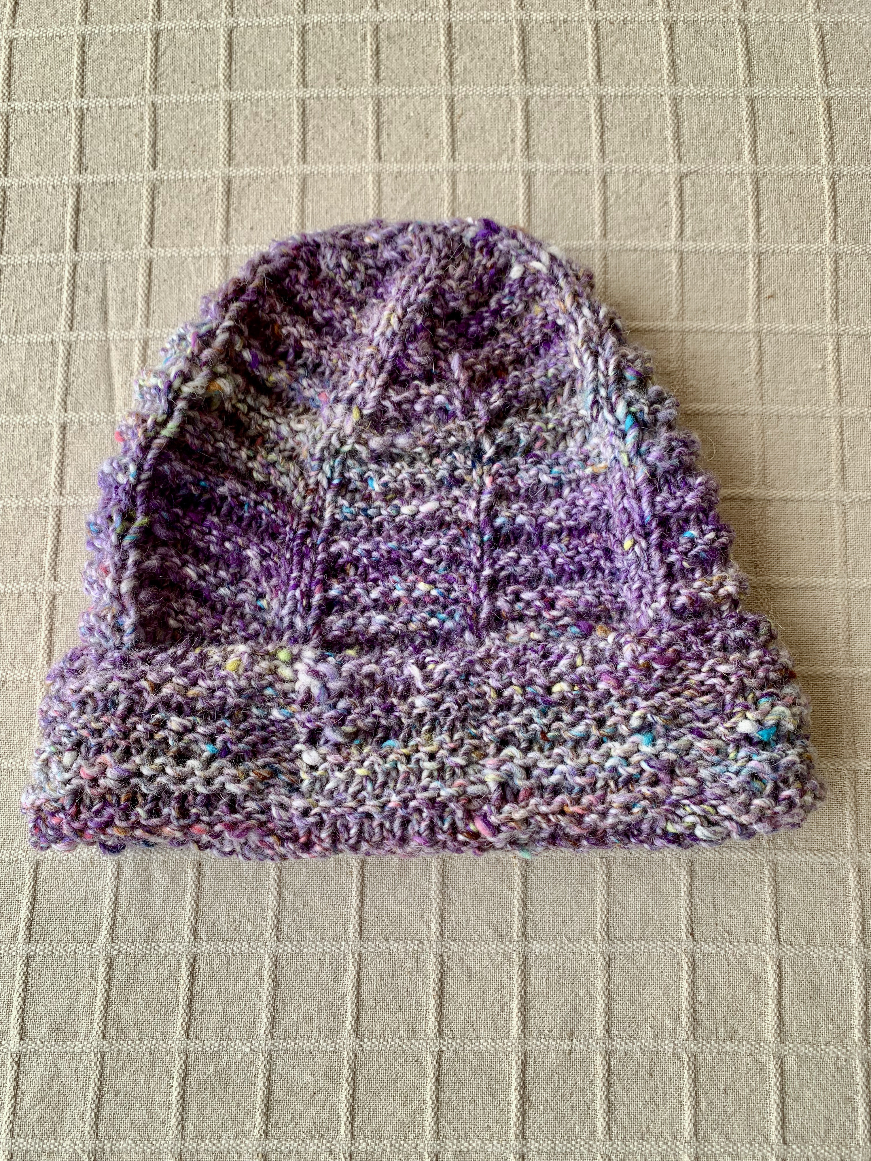 ハンドメイド ニット帽 ビーニーグレー 黒 紫野呂英作糸使用シルクリボン