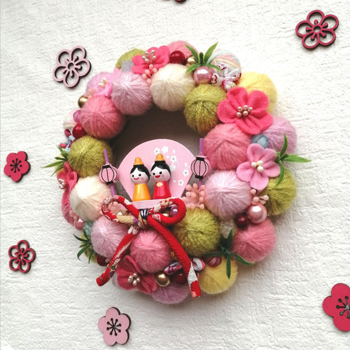 カラフルでほっこり❀毛糸玉のひなまつり飾り(小) 毛糸玉リース ニット