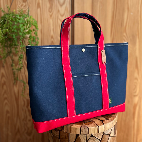 "入園入学2点セット" レッスンバッグ 上履き入れ　名入れチャーム付〈 navy × red〉《受注製作》 2枚目の画像