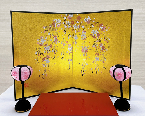 お雛様小道具【雛台＆桜金屏風 高さ19cm＆ぼんぼり一対】3点セット お