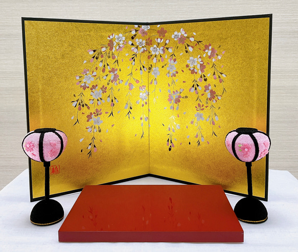 お雛様小道具【雛台＆桜金屏風 高さ19cm＆ぼんぼり一対】3点
