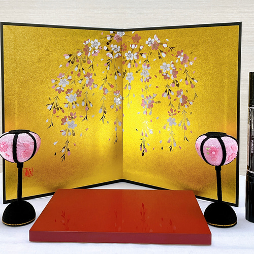 お雛様小道具【雛台＆桜金屏風 高さ19cm＆ぼんぼり一対】3点セット お