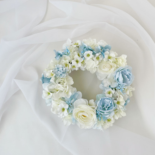 ふわふわブルーのフラワーリース アーティフィシャルフラワー