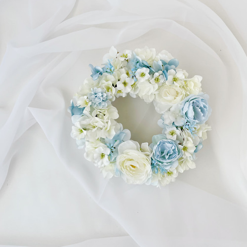 ふわふわブルーのフラワーリース アーティフィシャルフラワー