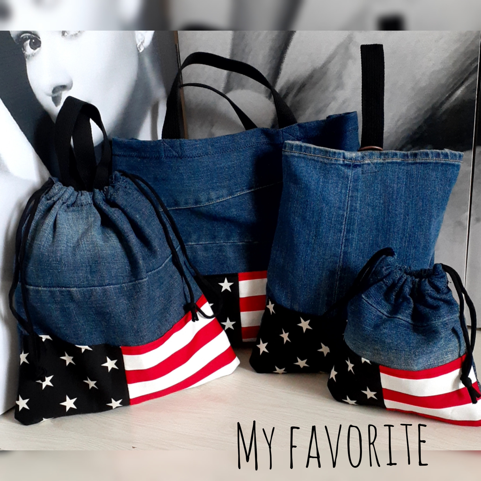 入学グッズ　四点セット　アメリカン　道具袋　デニム　牛柄　星条旗　入園グッズ　入学準備　星　新学期