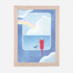 ポスター　赤い猫と青い鳥「ハルとソラ」No.2024-08（額なし／基本サイズA4、追加料金でB4またはA3に変更可能） 2枚目の画像