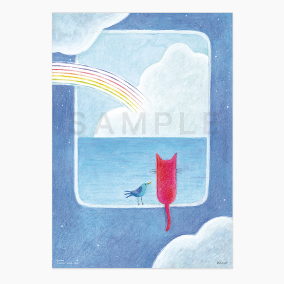 ポスター　赤い猫と青い鳥「ハルとソラ」No.2024-08（額なし／基本サイズA4、追加料金でB4またはA3に変更可能） 3枚目の画像