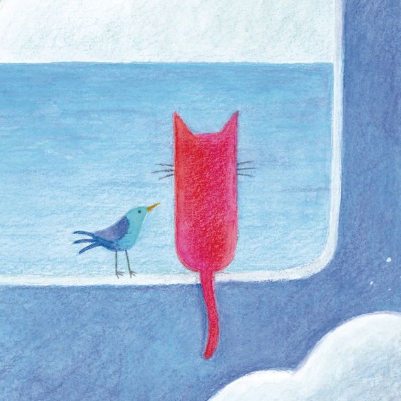 ポスター　赤い猫と青い鳥「ハルとソラ」No.2024-08（額なし／基本サイズA4、追加料金でB4またはA3に変更可能） 5枚目の画像